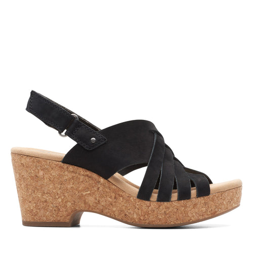 Clarks Giselle Glow 26173165 Womens Black Nubuck Slip On Wedges Sandals Shoes