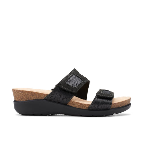 Clarks Calenne Maye 26177042 Womens Black Leather Strap Wedges Sandals Shoes