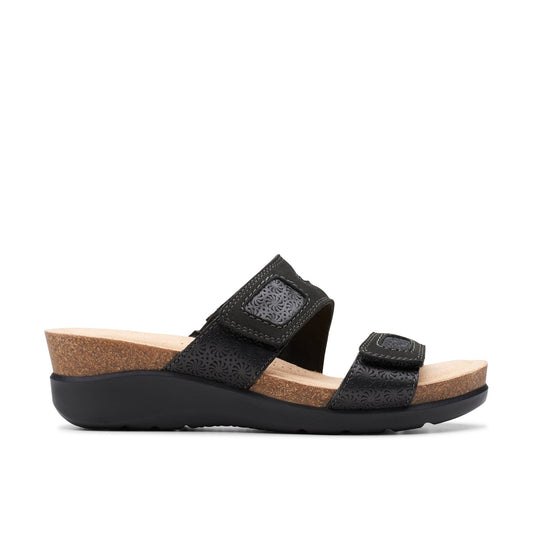 Clarks Calenne Maye 26177042 Womens Black Leather Strap Wedges Sandals Shoes