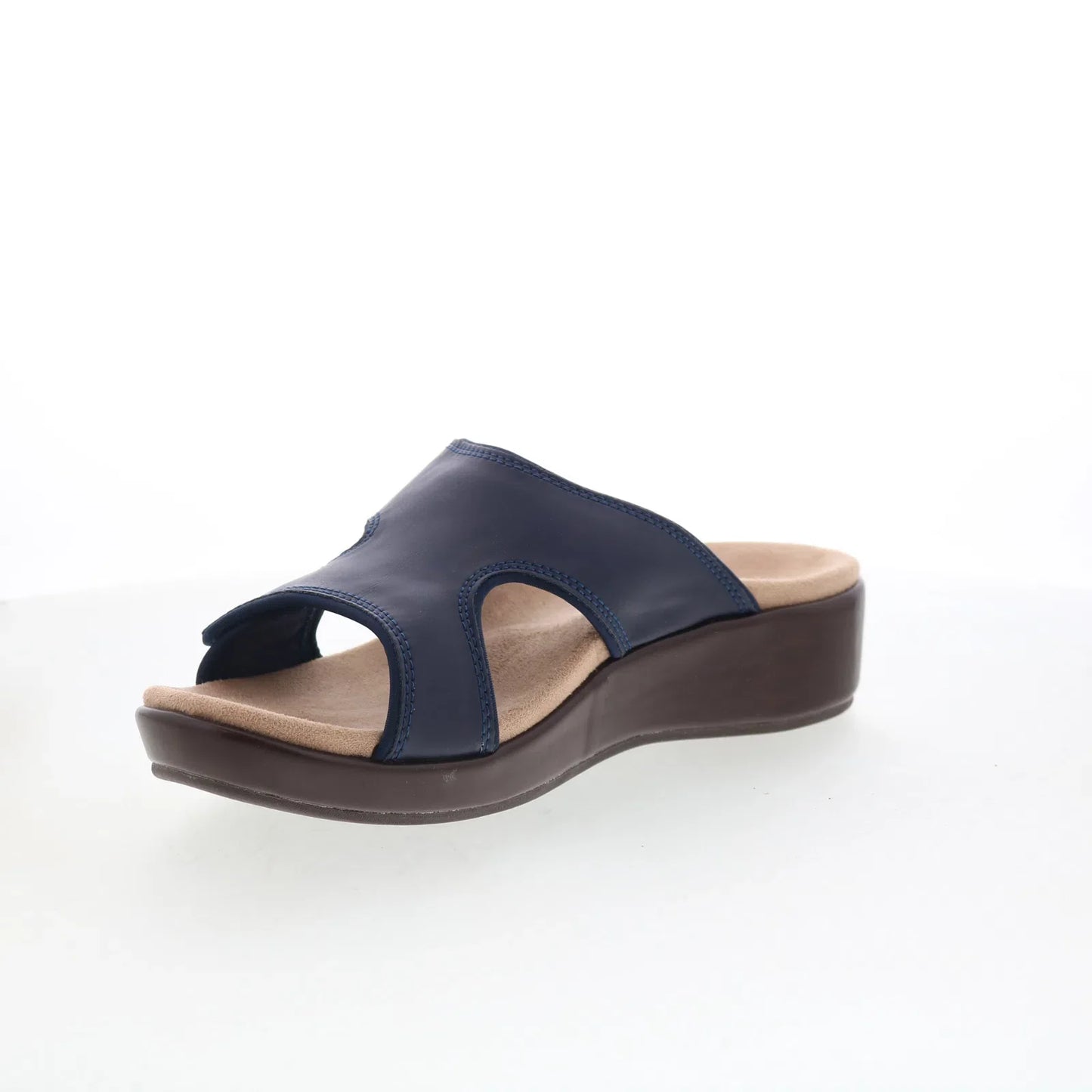 Spenco Karla Wedge SP1082PEA Womens Blue Leather Slides Sandals Shoes