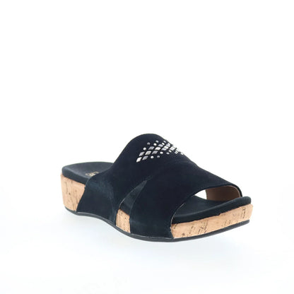 Spenco Passport Wedge SP1158BLK Womens Black Leather Slides Sandals Shoes