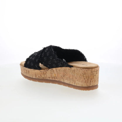 Minnetonka Posey 563029 Womens Black Canvas Slip On Wedges Sandals Shoes