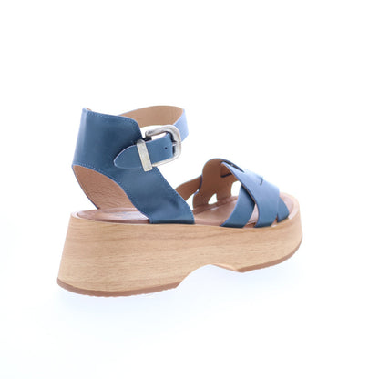 Miz Mooz Sarita Womens Blue Leather Hook & Loop Wedges Sandals Shoes